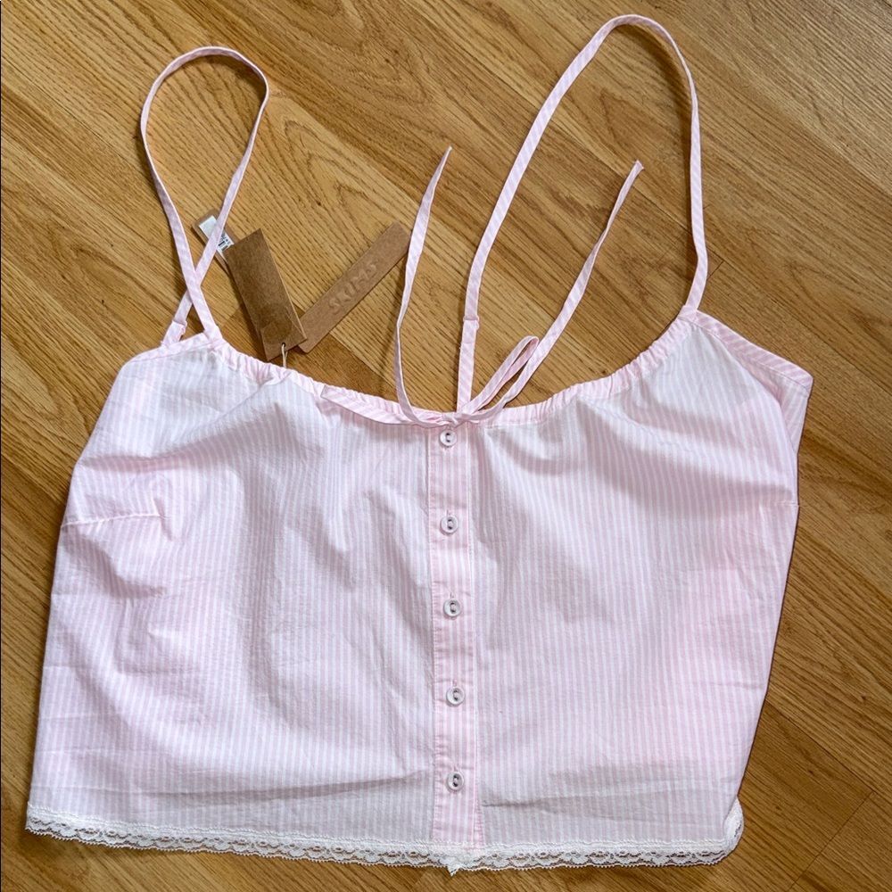 NWT SKIMS Cotton Poplin Cami pink stripe pattern Crop Top XL Pastel Lace Hem